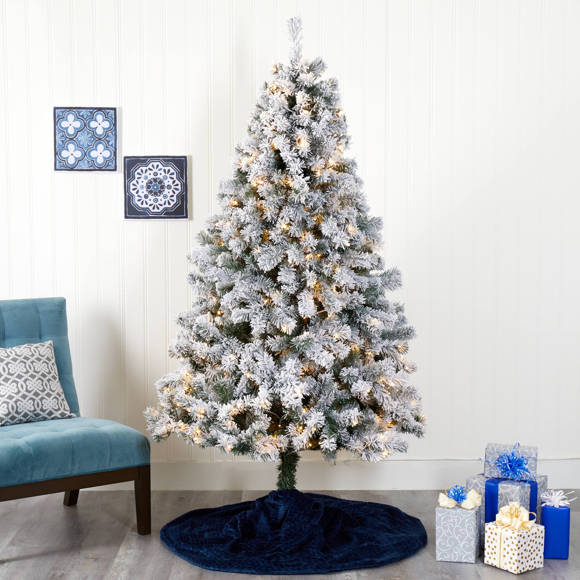 7ft. Pre-Lit Flocked West Virginia Fir Artificial Christmas Tree, Clear LED Lights
